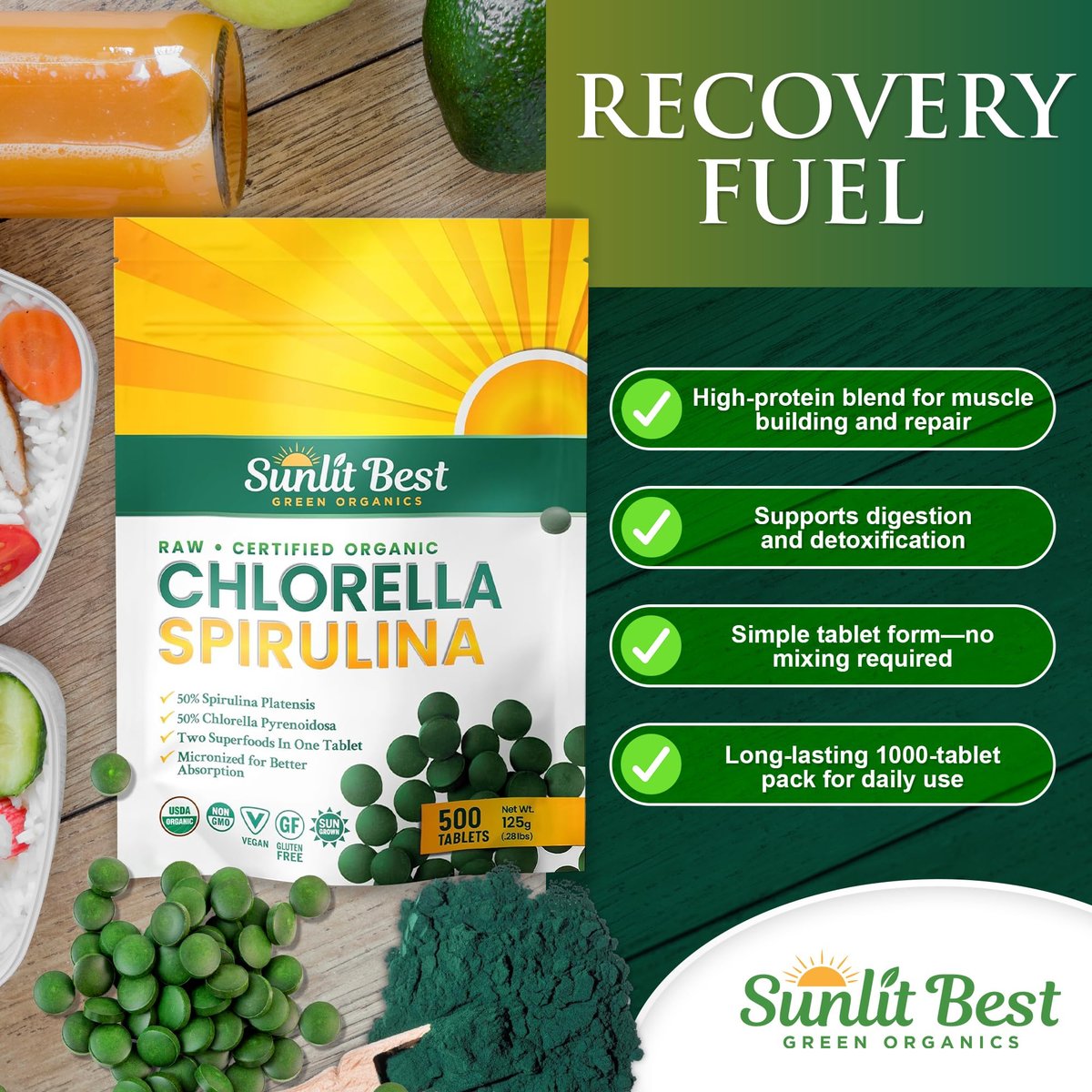 Sunlit Best Chlorella Spirulina Tabletten - Bio USDA, Premium Spirulina & Chlorella Kapseln 500 Stück - Natürliches Superfood mit Enzymen, Chlorophyll & veganem Protein