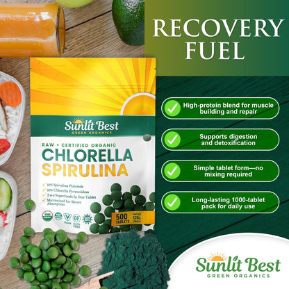 Sunlit Best Chlorella Spirulina Tabletten - Bio USDA, Premium Spirulina & Chlorella Kapseln 500 Stück - Natürliches Superfood mit Enzymen, Chlorophyll & veganem Protein