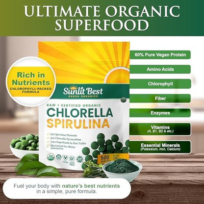 Sunlit Best Chlorella Spirulina Tabletten - Bio USDA, Premium Spirulina & Chlorella Kapseln 500 Stück - Natürliches Superfood mit Enzymen, Chlorophyll & veganem Protein