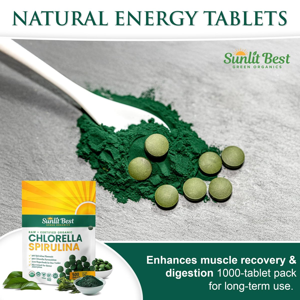 Sunlit Best Chlorella Spirulina Tabletten - Bio USDA, Premium Spirulina & Chlorella Kapseln 500 Stück - Natürliches Superfood mit Enzymen, Chlorophyll & veganem Protein