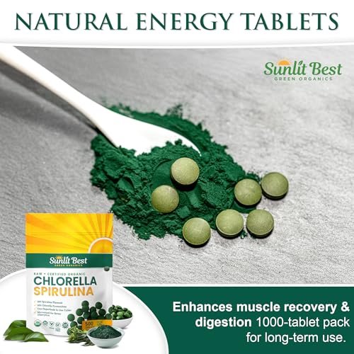 Sunlit Best Chlorella Spirulina Tabletten - Bio USDA, Premium Spirulina & Chlorella Kapseln 500 Stück - Natürliches Superfood mit Enzymen, Chlorophyll & veganem Protein