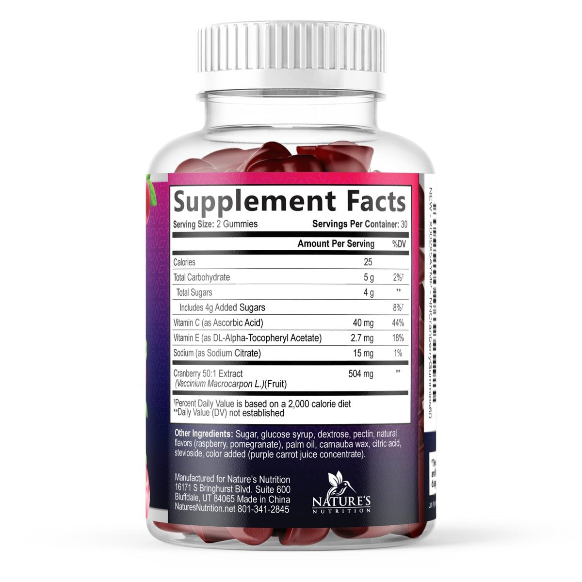 Cranberry-Extrakt 504 mg pro Portion – Cranberry-Gummis zur Unterstützung der Harngesundheit – Hilft zu reinigen und zu schützen, Cranberry-Gummi-Supplement + Vitamin C, kaubare Cran für Frauen – 60 Gummis