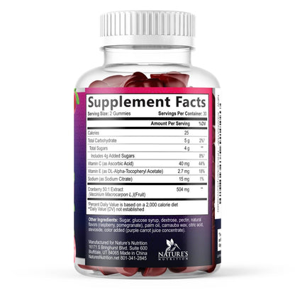 Cranberry-Extrakt 504 mg pro Portion – Cranberry-Gummis zur Unterstützung der Harngesundheit – Hilft zu reinigen und zu schützen, Cranberry-Gummi-Supplement + Vitamin C, kaubare Cran für Frauen – 60 Gummis
