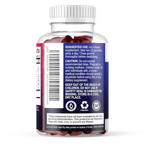 Cranberry-Extrakt 504 mg pro Portion – Cranberry-Gummis zur Unterstützung der Harngesundheit – Hilft zu reinigen und zu schützen, Cranberry-Gummi-Supplement + Vitamin C, kaubare Cran für Frauen – 60 Gummis