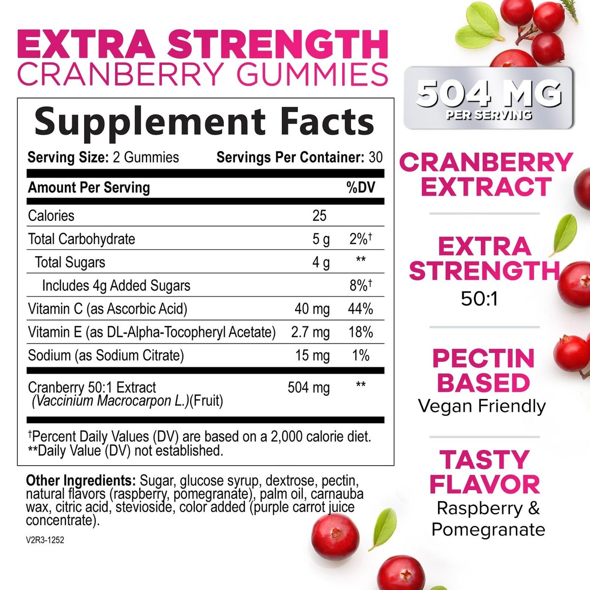 Cranberry-Extrakt 504 mg pro Portion – Cranberry-Gummis zur Unterstützung der Harngesundheit – Hilft zu reinigen und zu schützen, Cranberry-Gummi-Supplement + Vitamin C, kaubare Cran für Frauen – 60 Gummis