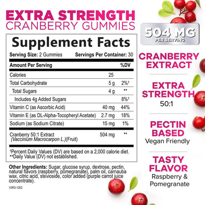 Cranberry-Extrakt 504 mg pro Portion – Cranberry-Gummis zur Unterstützung der Harngesundheit – Hilft zu reinigen und zu schützen, Cranberry-Gummi-Supplement + Vitamin C, kaubare Cran für Frauen – 60 Gummis