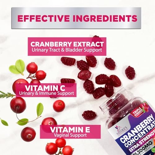 Cranberry-Extrakt 504 mg pro Portion – Cranberry-Gummis zur Unterstützung der Harngesundheit – Hilft zu reinigen und zu schützen, Cranberry-Gummi-Supplement + Vitamin C, kaubare Cran für Frauen – 60 Gummis