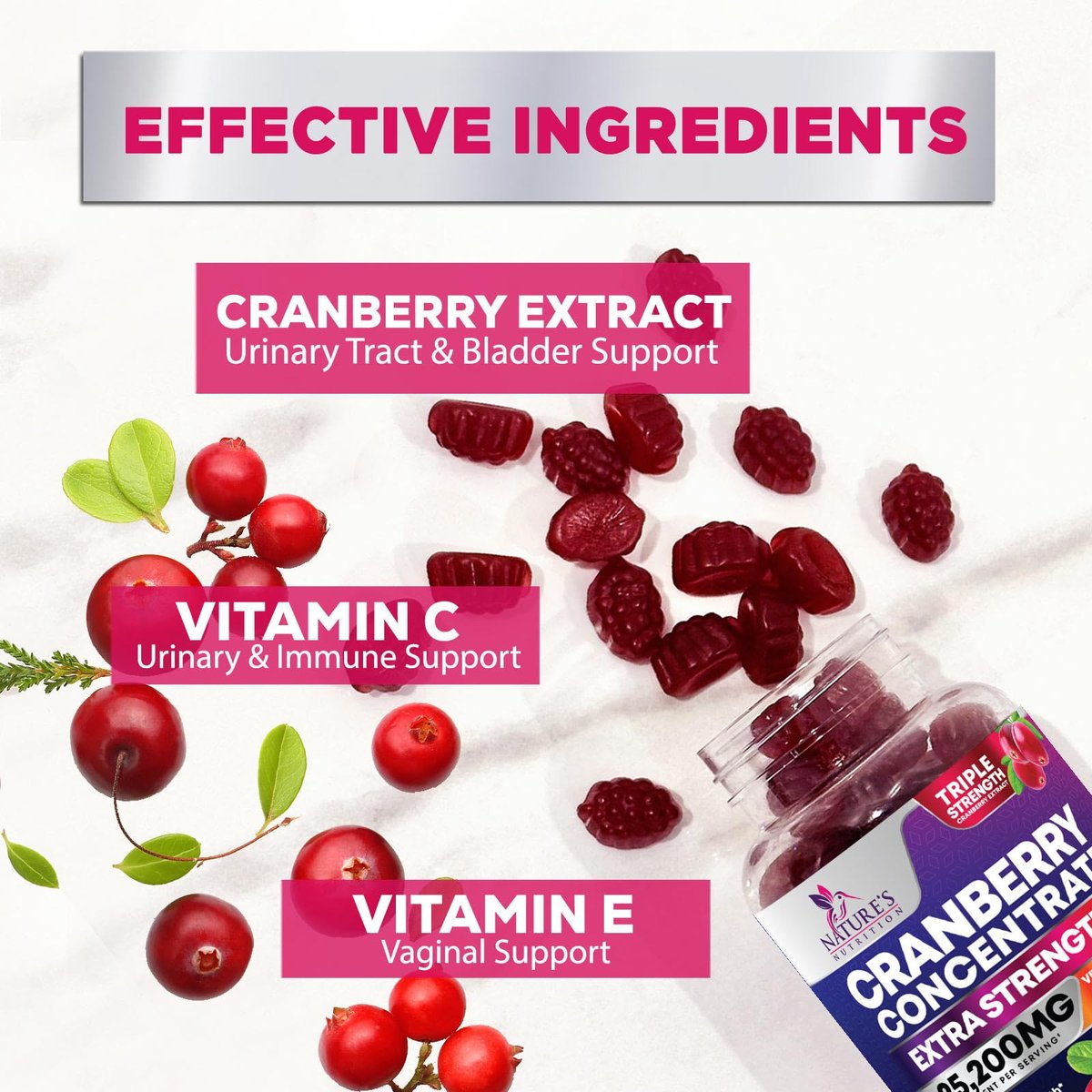 Cranberry-Extrakt 504 mg pro Portion – Cranberry-Gummis zur Unterstützung der Harngesundheit – Hilft zu reinigen und zu schützen, Cranberry-Gummi-Supplement + Vitamin C, kaubare Cran für Frauen – 60 Gummis