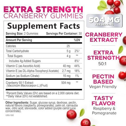 Cranberry-Extrakt 504 mg pro Portion – Cranberry-Gummis zur Unterstützung der Harngesundheit – Hilft zu reinigen und zu schützen, Cranberry-Gummi-Supplement + Vitamin C, kaubare Cran für Frauen – 60 Gummis