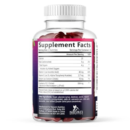 Cranberry-Extrakt 504 mg pro Portion – Cranberry-Gummis zur Unterstützung der Harngesundheit – Hilft zu reinigen und zu schützen, Cranberry-Gummi-Supplement + Vitamin C, kaubare Cran für Frauen – 60 Gummis