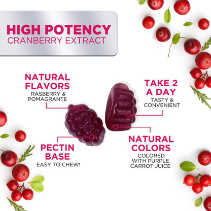Cranberry-Extrakt 504 mg pro Portion – Cranberry-Gummis zur Unterstützung der Harngesundheit – Hilft zu reinigen und zu schützen, Cranberry-Gummi-Supplement + Vitamin C, kaubare Cran für Frauen – 60 Gummis