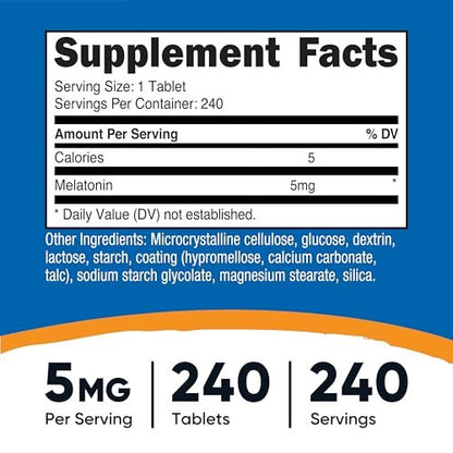 Nutricost Melatonin 5mg, 240 Tabletten - 5mg pro Portion, Non-GMO, Glutenfrei