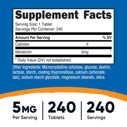 Nutricost Melatonin 5mg, 240 Tabletten - 5mg pro Portion, Non-GMO, Glutenfrei