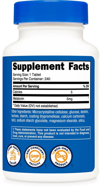 Nutricost Melatonin 5mg, 240 Tabletten - 5mg pro Portion, Non-GMO, Glutenfrei