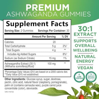 Ashwagandha Gummis – Fortschrittliche Ashwagandha-Gummi-Formel für den täglichen Gebrauch – Natürliche Antioxidans-Unterstützung & Gehirngesundheit – Natürliche Ruhe, Entspannung & Immununterstützung – Beerengeschmack – 60 Gummis