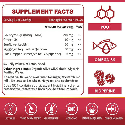 ZEBORA CoQ10 200 mg Weichkapseln mit PQQ, BioPerin & Omega-3 – 120 Portionen Coenzym Q10 (Ubichinon) zur hohen Aufnahme, starkes Antioxidans, Unterstützung von Herz & Energieproduktion