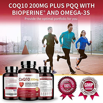 ZEBORA CoQ10 200 mg Weichkapseln mit PQQ, BioPerin & Omega-3 – 120 Portionen Coenzym Q10 (Ubichinon) zur hohen Aufnahme, starkes Antioxidans, Unterstützung von Herz & Energieproduktion