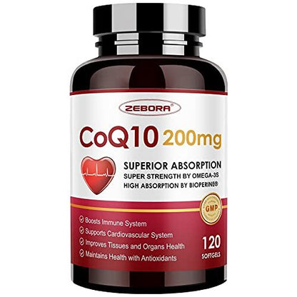 ZEBORA CoQ10 200 mg Weichkapseln mit PQQ, BioPerin & Omega-3 – 120 Portionen Coenzym Q10 (Ubichinon) zur hohen Aufnahme, starkes Antioxidans, Unterstützung von Herz & Energieproduktion