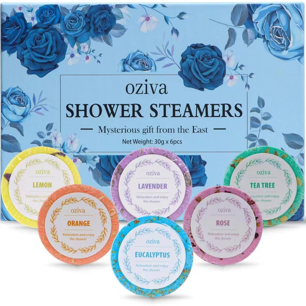 OZIVA Duschbomben - Box mit 6 Premium Duschbomben mit ätherischen Ölen - Selbstpflege Geschenke für Frauen und Mädchen - Weihnachtsstrumpffüller für Frauen