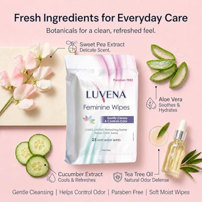 Luvena Feminine Feuchttücher für Frauen – mit Hamamelis, pH-hautneutral, für die Intim- und Wochenbettpflege, 25 Tücher, 1 Packung