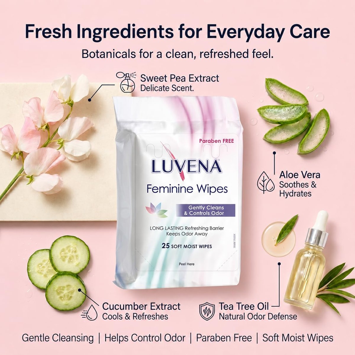 Luvena Feminine Feuchttücher für Frauen – mit Hamamelis, pH-hautneutral, für die Intim- und Wochenbettpflege, 25 Tücher, 1 Packung