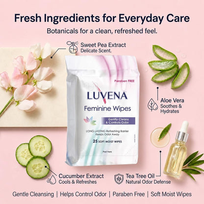 Luvena Feminine Feuchttücher für Frauen – mit Hamamelis, pH-hautneutral, für die Intim- und Wochenbettpflege, 25 Tücher, 1 Packung