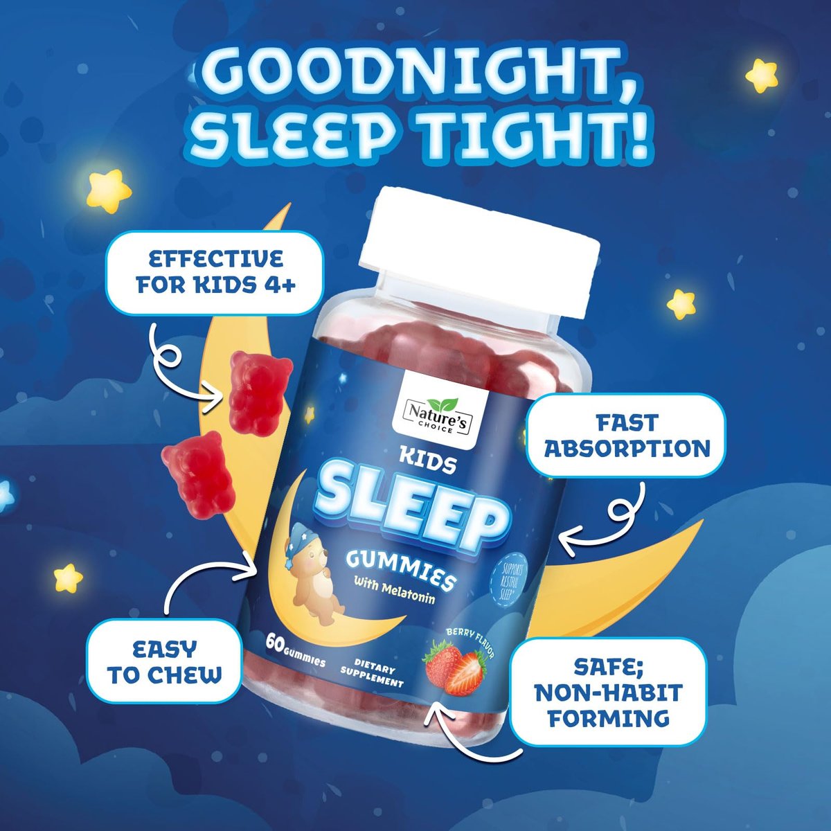 Nature's Choice Melatonin Gummis für Kinder – 2 mg Melatonin pro Portion – Natürlicher Beerengeschmack – 60 Gummis – Nicht-GVO, Vegan