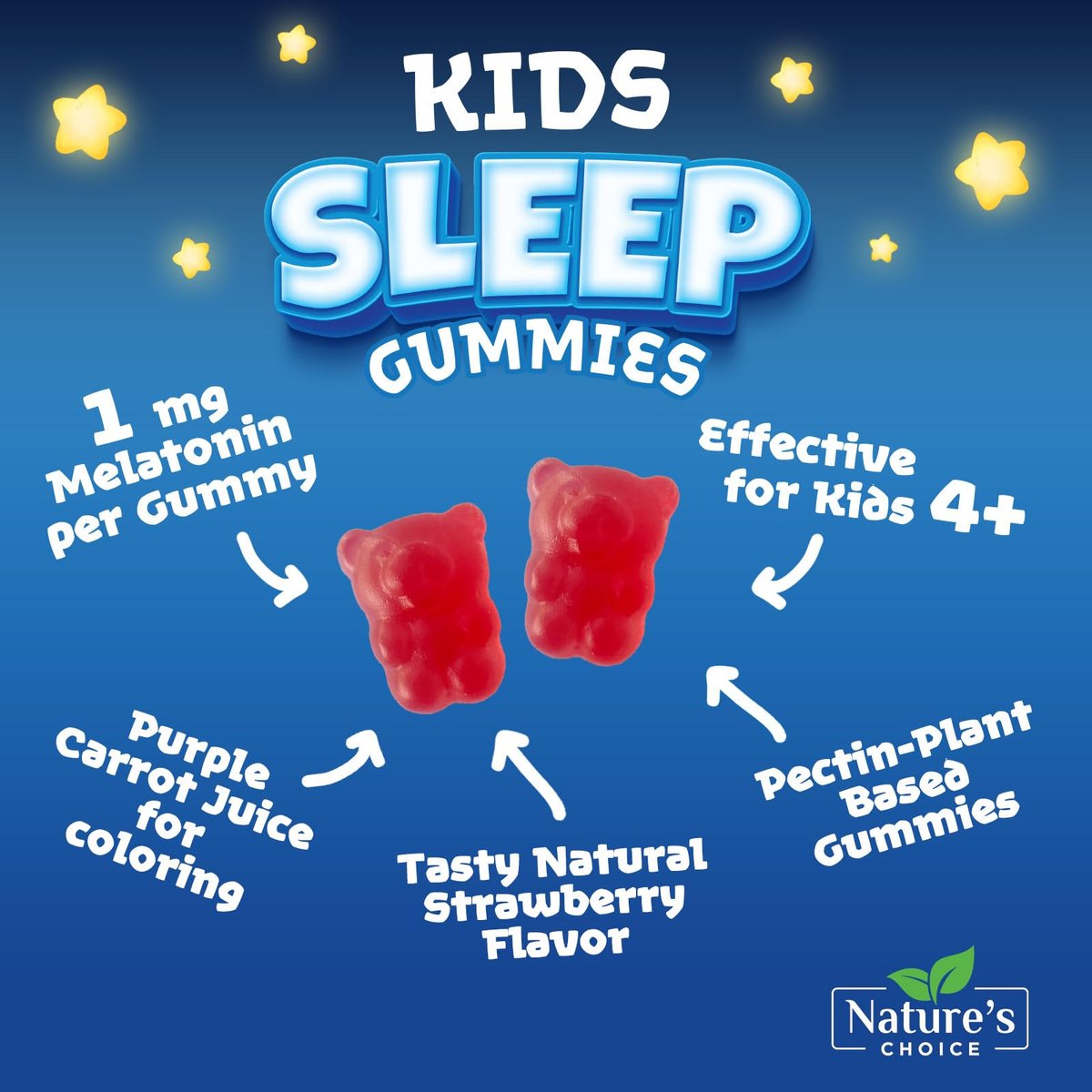 Nature's Choice Melatonin Gummis für Kinder – 2 mg Melatonin pro Portion – Natürlicher Beerengeschmack – 60 Gummis – Nicht-GVO, Vegan