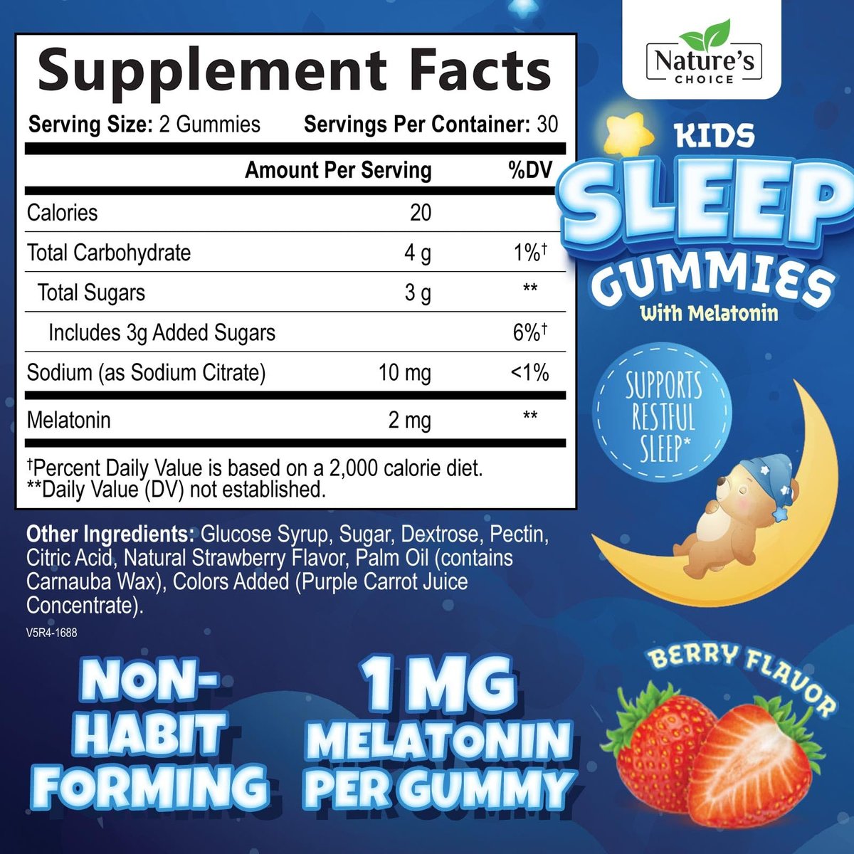 Nature's Choice Melatonin Gummis für Kinder – 2 mg Melatonin pro Portion – Natürlicher Beerengeschmack – 60 Gummis – Nicht-GVO, Vegan