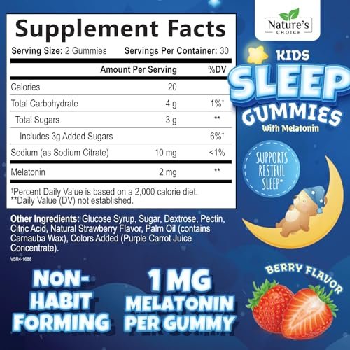 Nature's Choice Melatonin Gummis für Kinder – 2 mg Melatonin pro Portion – Natürlicher Beerengeschmack – 60 Gummis – Nicht-GVO, Vegan