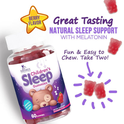 Nature's Nutrition Kinder Melatonin Gummis - 2mg Melatonin pro Portion - Vegane, Nicht-GVO Gummibärchen für erholsamen Schlaf, natürlicher Beerengeschmack - 60 Stück