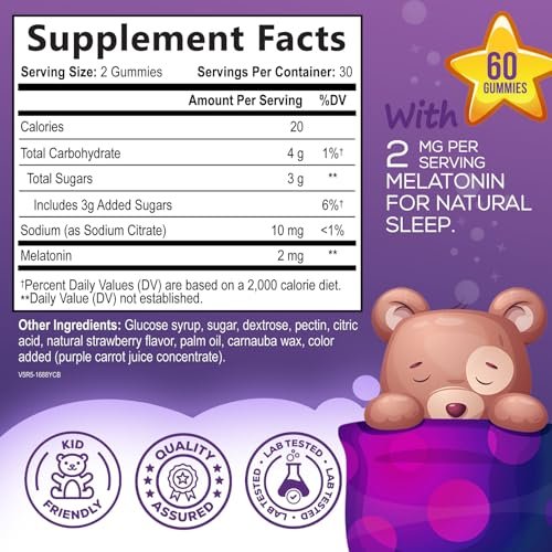 Nature's Nutrition Kinder Melatonin Gummis - 2mg Melatonin pro Portion - Vegane, Nicht-GVO Gummibärchen für erholsamen Schlaf, natürlicher Beerengeschmack - 60 Stück