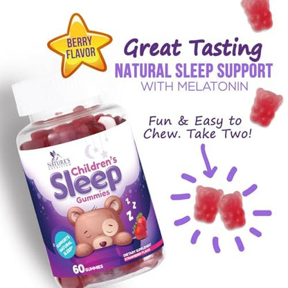 Nature's Nutrition Kinder Melatonin Gummis - 2mg Melatonin pro Portion - Vegane, Nicht-GVO Gummibärchen für erholsamen Schlaf, natürlicher Beerengeschmack - 60 Stück