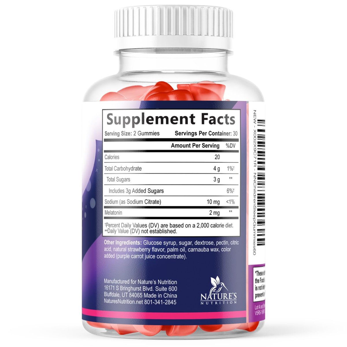 Nature's Nutrition Kinder Melatonin Gummis - 2mg Melatonin pro Portion - Vegane, Nicht-GVO Gummibärchen für erholsamen Schlaf, natürlicher Beerengeschmack - 60 Stück