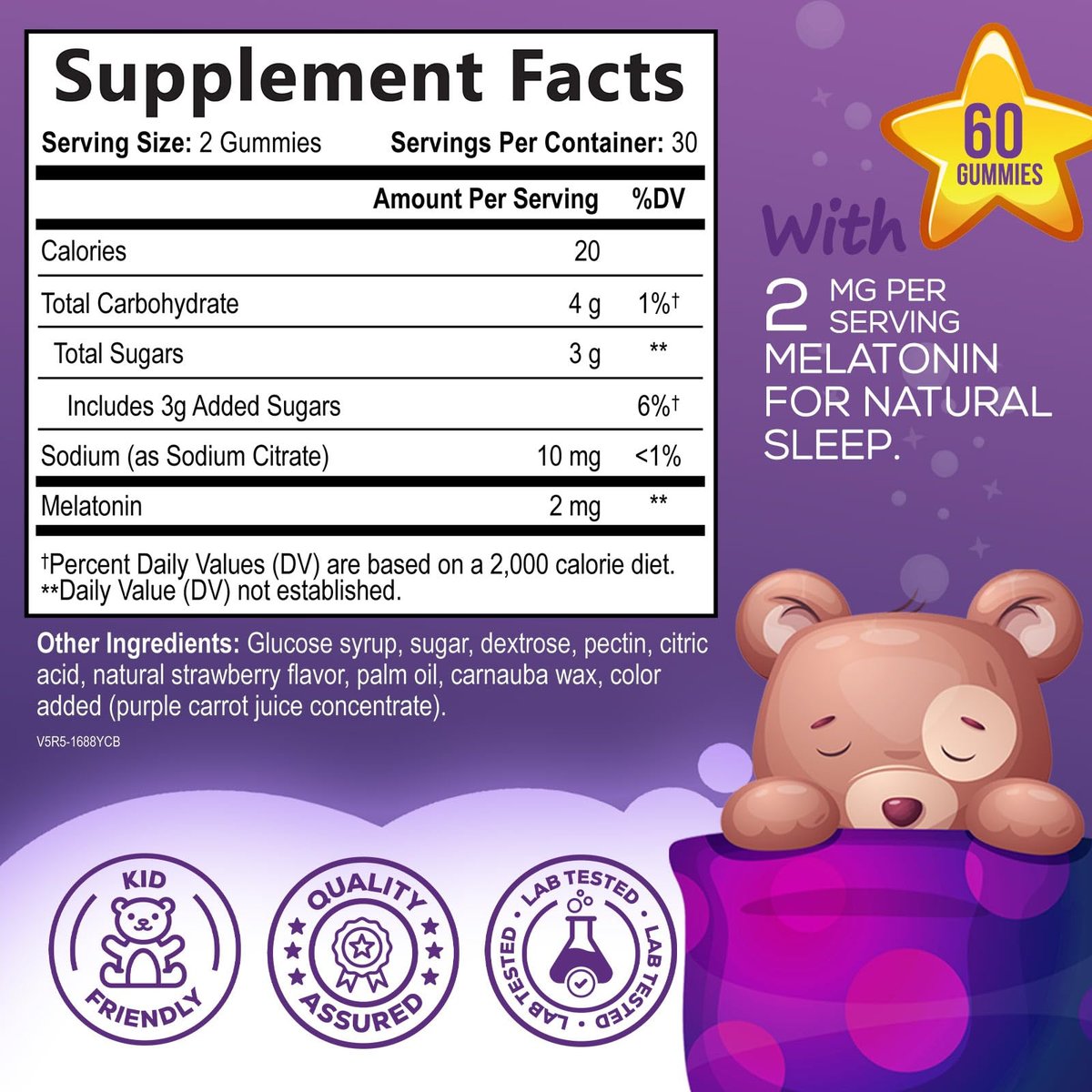 Nature's Nutrition Kinder Melatonin Gummis - 2mg Melatonin pro Portion - Vegane, Nicht-GVO Gummibärchen für erholsamen Schlaf, natürlicher Beerengeschmack - 60 Stück
