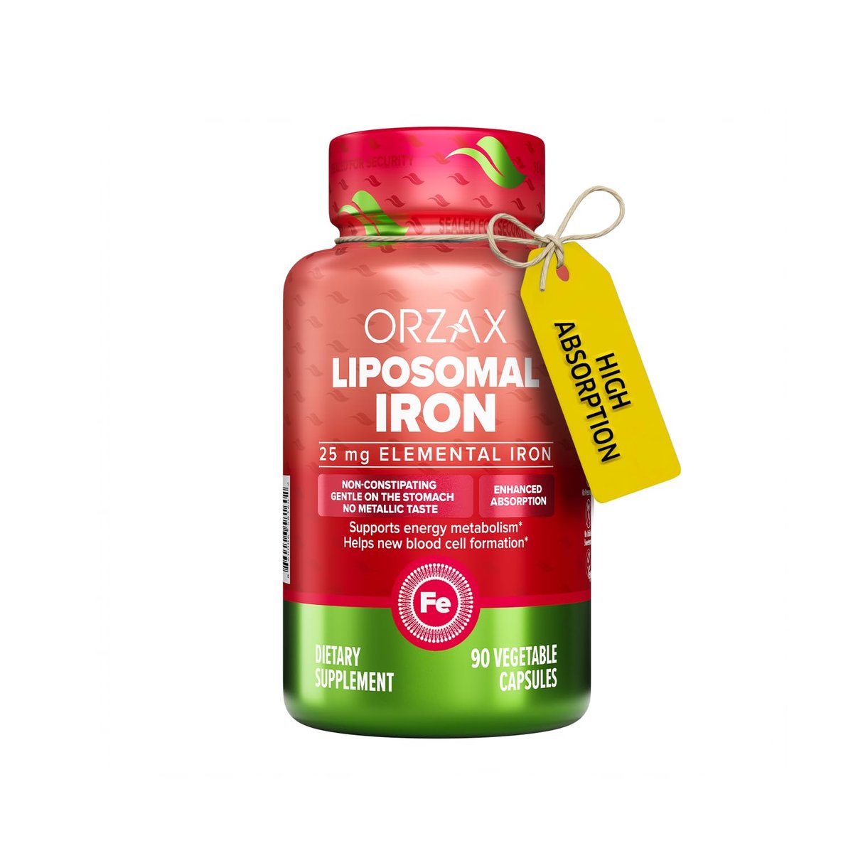 ORZAX Eisen 25 mg - Liposomale Technologie - Hohe Bioverfügbarkeit - 90 pflanzliche Kapseln - Unterstützt die Bildung neuer Blutzellen - Nicht verstopfend - Nicht-GVO & Glutenfrei - Für Frauen, Männer, Erwachsene