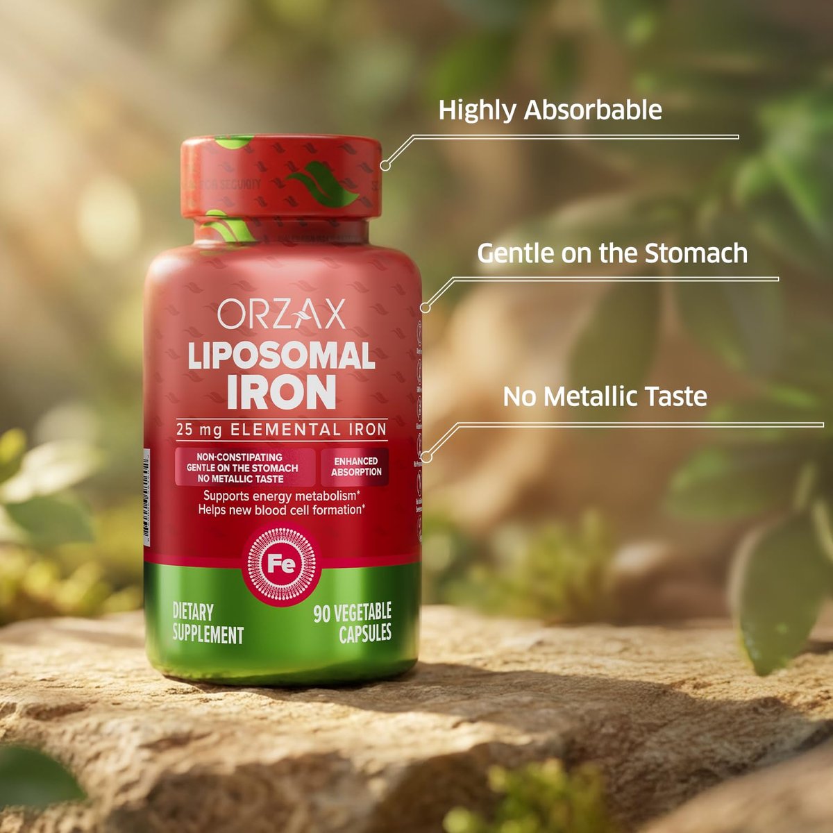 ORZAX Eisen 25 mg - Liposomale Technologie - Hohe Bioverfügbarkeit - 90 pflanzliche Kapseln - Unterstützt die Bildung neuer Blutzellen - Nicht verstopfend - Nicht-GVO & Glutenfrei - Für Frauen, Männer, Erwachsene