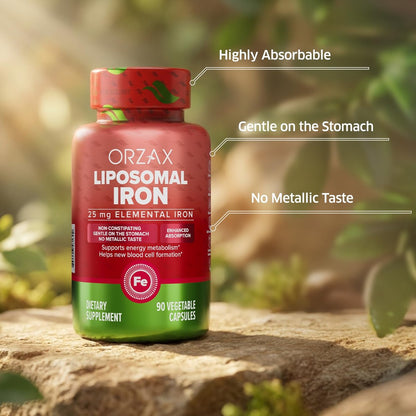 ORZAX Eisen 25 mg - Liposomale Technologie - Hohe Bioverfügbarkeit - 90 pflanzliche Kapseln - Unterstützt die Bildung neuer Blutzellen - Nicht verstopfend - Nicht-GVO & Glutenfrei - Für Frauen, Männer, Erwachsene