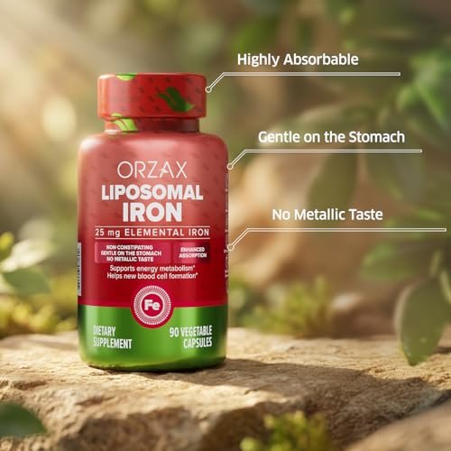 ORZAX Eisen 25 mg - Liposomale Technologie - Hohe Bioverfügbarkeit - 90 pflanzliche Kapseln - Unterstützt die Bildung neuer Blutzellen - Nicht verstopfend - Nicht-GVO & Glutenfrei - Für Frauen, Männer, Erwachsene