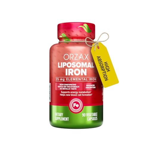 ORZAX Eisen 25 mg - Liposomale Technologie - Hohe Bioverfügbarkeit - 90 pflanzliche Kapseln - Unterstützt die Bildung neuer Blutzellen - Nicht verstopfend - Nicht-GVO & Glutenfrei - Für Frauen, Männer, Erwachsene
