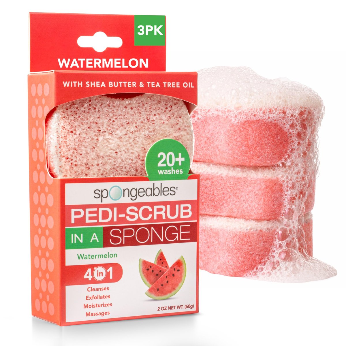 Spongeables Pedi Scrub Fußpeeling-Schwamm mit 20+ Wäschen, Wassermelone, 3 Stück