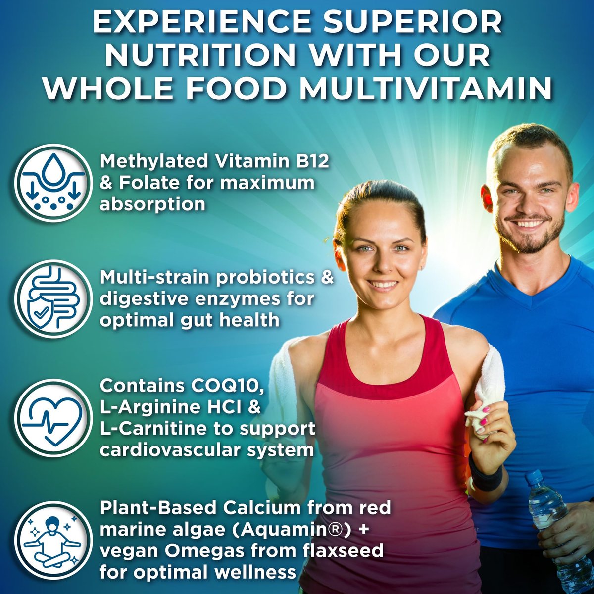 Vollwert-Multivitamin ohne Eisen, methyliert für Frauen und Männer, mit Obst & Gemüse, B-Komplex, Probiotika, Enzyme, CoQ10, Omega, Kurkuma, Non-GMO, 90 Kapseln