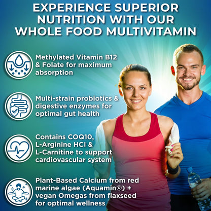 Vollwert-Multivitamin ohne Eisen, methyliert für Frauen und Männer, mit Obst & Gemüse, B-Komplex, Probiotika, Enzyme, CoQ10, Omega, Kurkuma, Non-GMO, 90 Kapseln