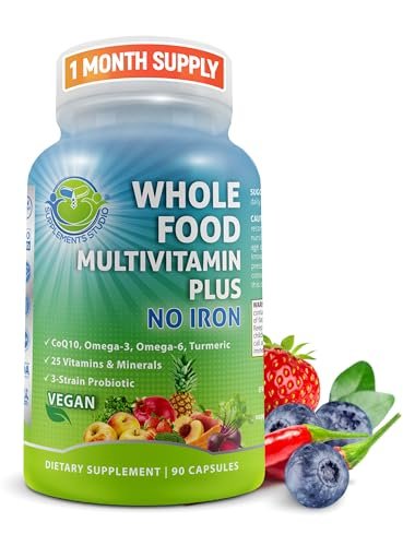 Vollwert-Multivitamin ohne Eisen, methyliert für Frauen und Männer, mit Obst & Gemüse, B-Komplex, Probiotika, Enzyme, CoQ10, Omega, Kurkuma, Non-GMO, 90 Kapseln