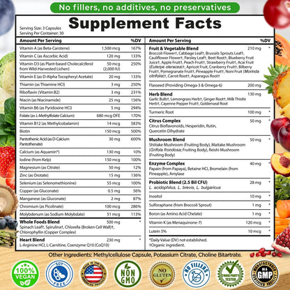 Vollwert-Multivitamin ohne Eisen, methyliert für Frauen und Männer, mit Obst & Gemüse, B-Komplex, Probiotika, Enzyme, CoQ10, Omega, Kurkuma, Non-GMO, 90 Kapseln