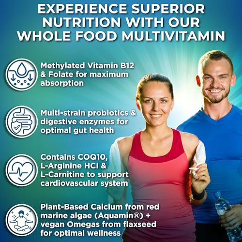 Vollwert-Multivitamin ohne Eisen, methyliert für Frauen und Männer, mit Obst & Gemüse, B-Komplex, Probiotika, Enzyme, CoQ10, Omega, Kurkuma, Non-GMO, 90 Kapseln