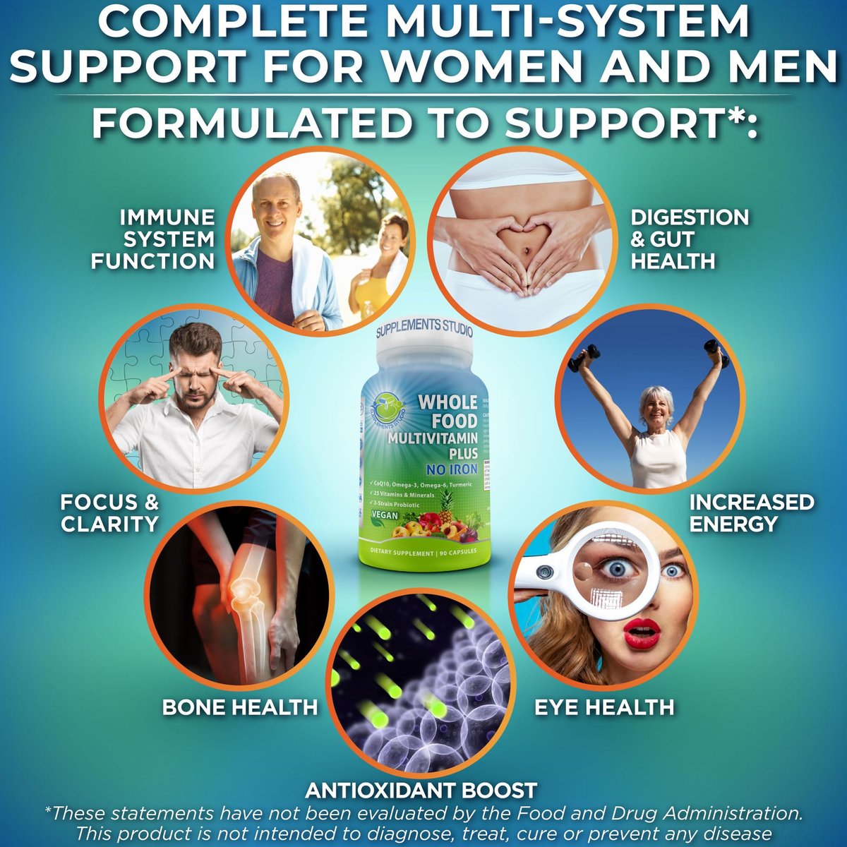 Vollwert-Multivitamin ohne Eisen, methyliert für Frauen und Männer, mit Obst & Gemüse, B-Komplex, Probiotika, Enzyme, CoQ10, Omega, Kurkuma, Non-GMO, 90 Kapseln