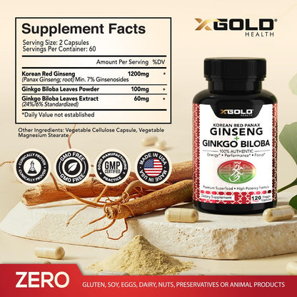 X Gold Health Korean Red Panax Ginseng + Ginkgo Biloba 7% Ginsenoside Extra starke Energie, Gedächtnis, Fokus & Gehirnunterstützung Premium Ergänzung für Männer & Frauen Non-GMO, 120 vegane Kapseln