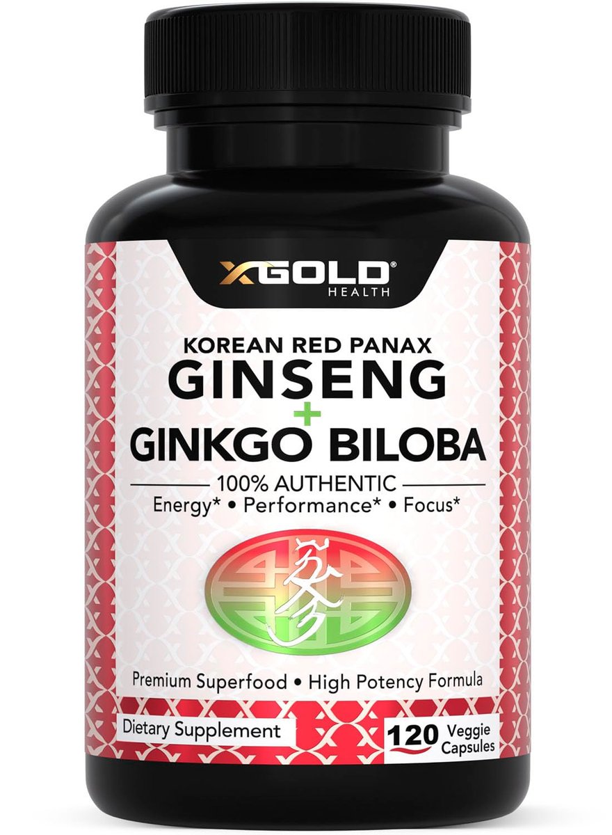 X Gold Health Korean Red Panax Ginseng + Ginkgo Biloba 7% Ginsenoside Extra starke Energie, Gedächtnis, Fokus & Gehirnunterstützung Premium Ergänzung für Männer & Frauen Non-GMO, 120 vegane Kapseln