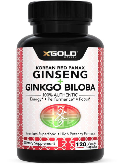 X Gold Health Korean Red Panax Ginseng + Ginkgo Biloba 7% Ginsenoside Extra starke Energie, Gedächtnis, Fokus & Gehirnunterstützung Premium Ergänzung für Männer & Frauen Non-GMO, 120 vegane Kapseln